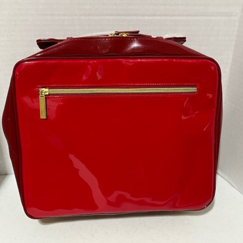 Estee Lauder Red Vinyl Cosmetic Make Up Zip Train Travel Case Bag 11.5"w/Handle